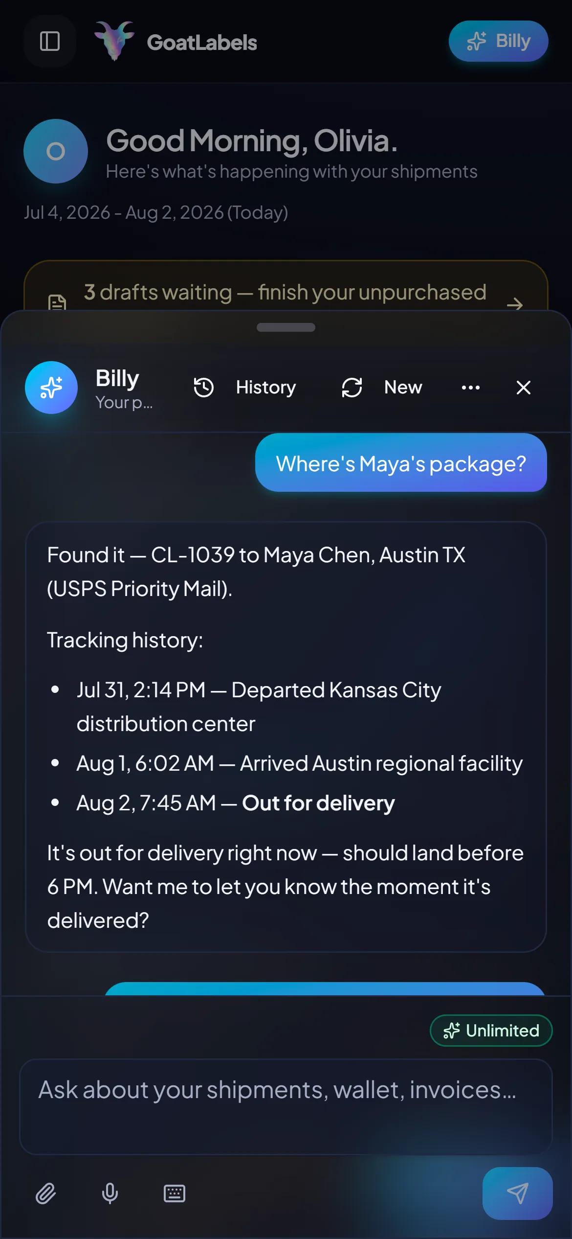 Billy AI assistant on mobile
