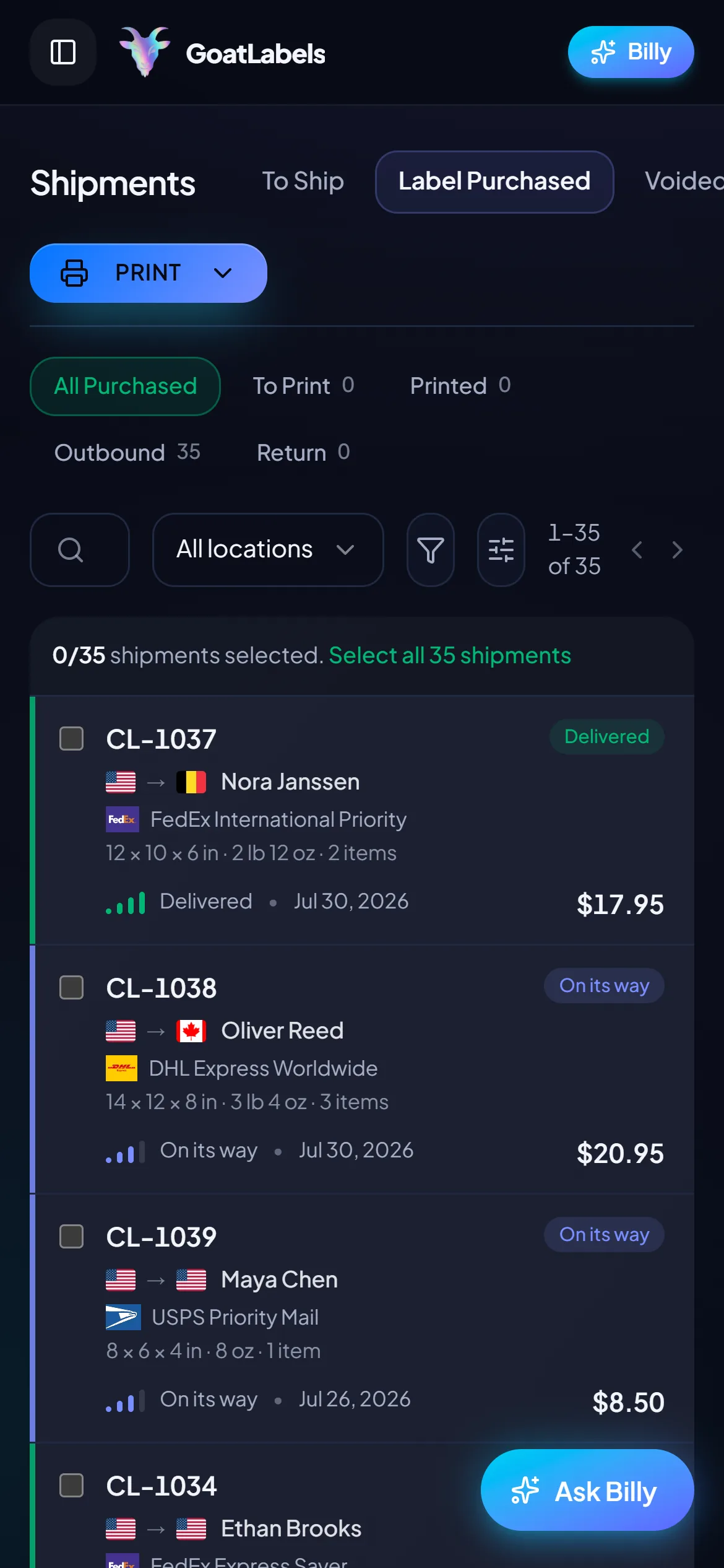 GoatLabels mobile shipments queue